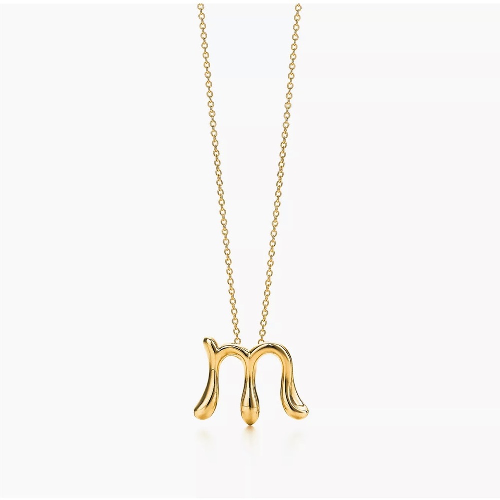 Tiffany & Co Elsa Peretti letter M pendant 18k gold 16” chain